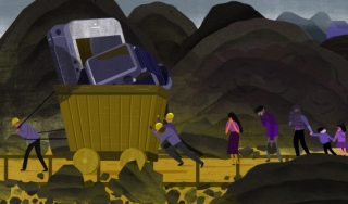 矿工在污染中搬运电子设备