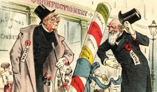 糖果店外的详细插图，1885年