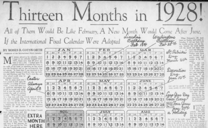 报纸前端从1928年提出13个月的日历