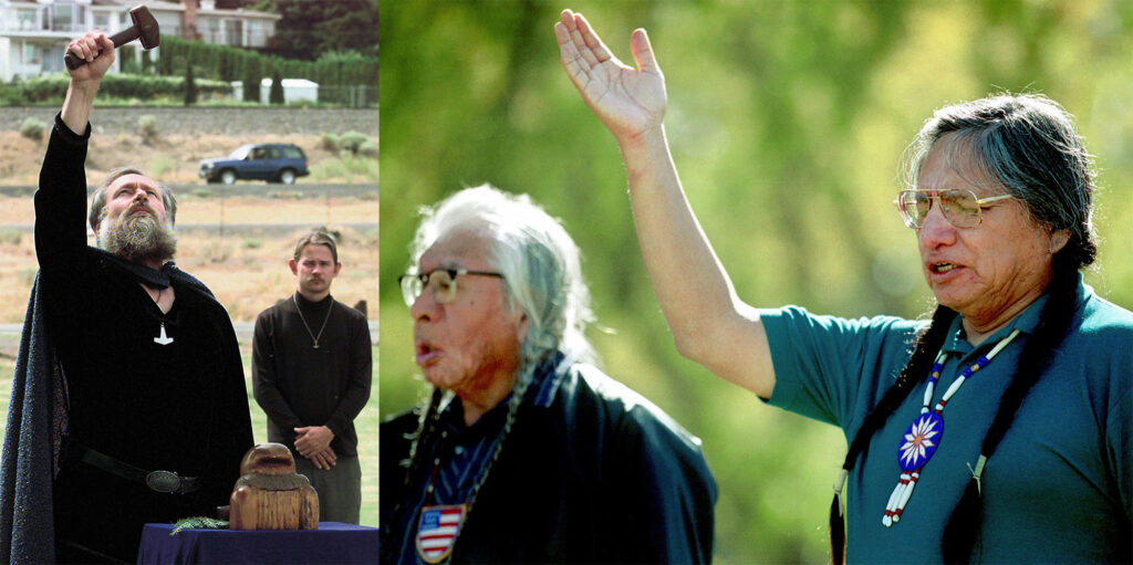 两张图片,一张显示披风人举锤 另一张显示年长者祷告