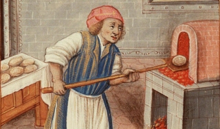 一个穿着中世纪服装的面包师的彩色插图