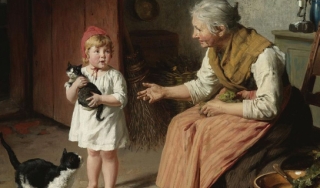 孩子，祖母和两只猫的肖像