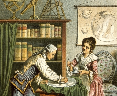 威廉和卡洛琳·赫歇尔站在书房里，周围是星图和望远镜