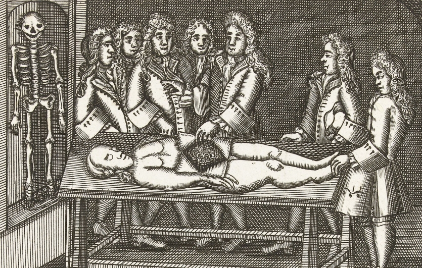穿着18世纪服装的男人在看解剖