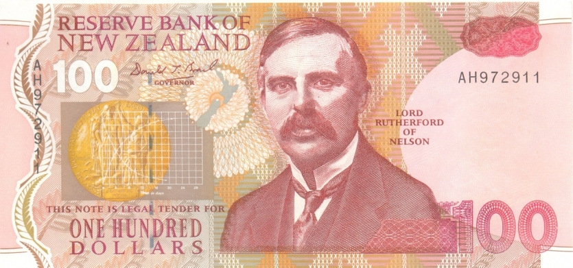 新西兰100元钞票上的卢瑟福。