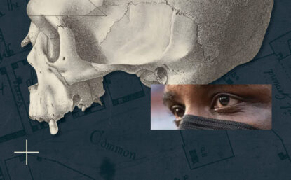 拼接图显示曼哈顿非洲葬场地图、人头图、戴面罩人图和西费城MOVE炸弹照片
