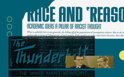 整理插图显示新纳粹出版物新闻剪报、种族科学学术文章和Barry Mehler和PhilipeRushton图像