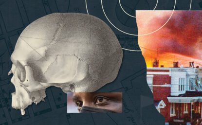 拼接图显示曼哈顿非洲葬场地图、人头插图、人脸戴面罩、西费城MOVE炸弹