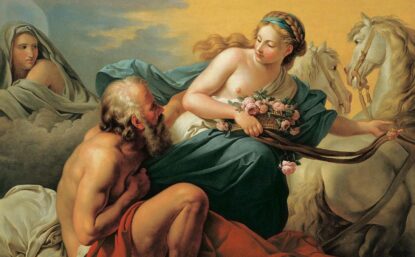 画希腊女神Aurora,布置并握着白马管子,当她凝视凡人Tithonus时